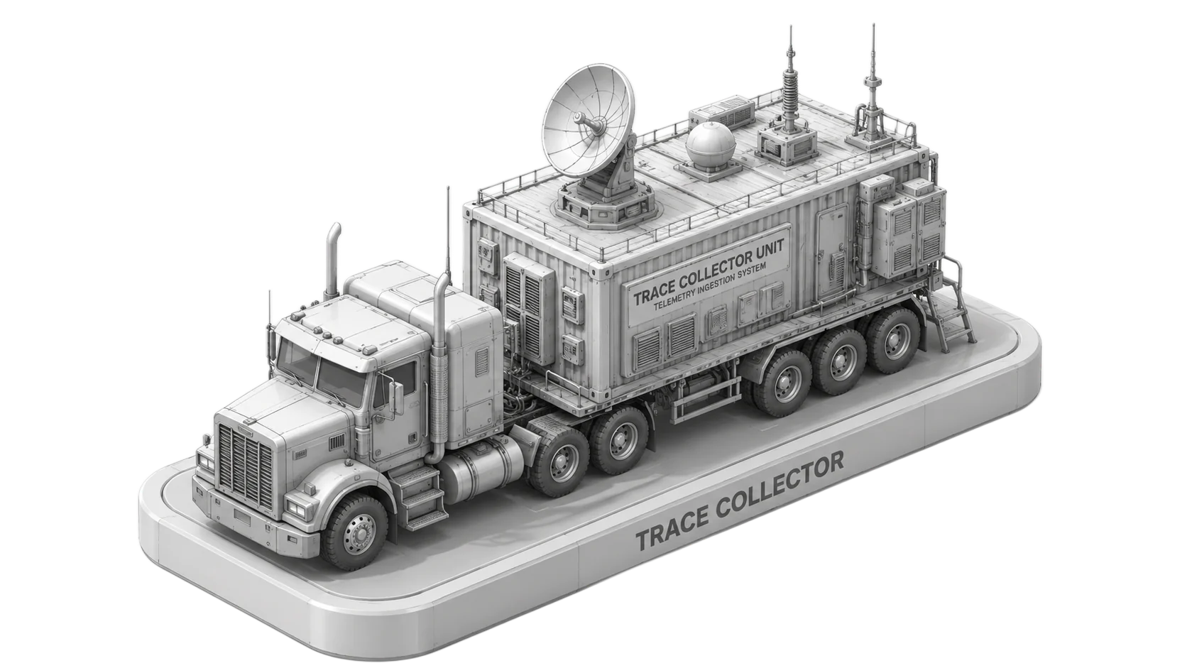 Isometric Trace Collector truck, one rig doing one collection task at a time, the legacy mode.